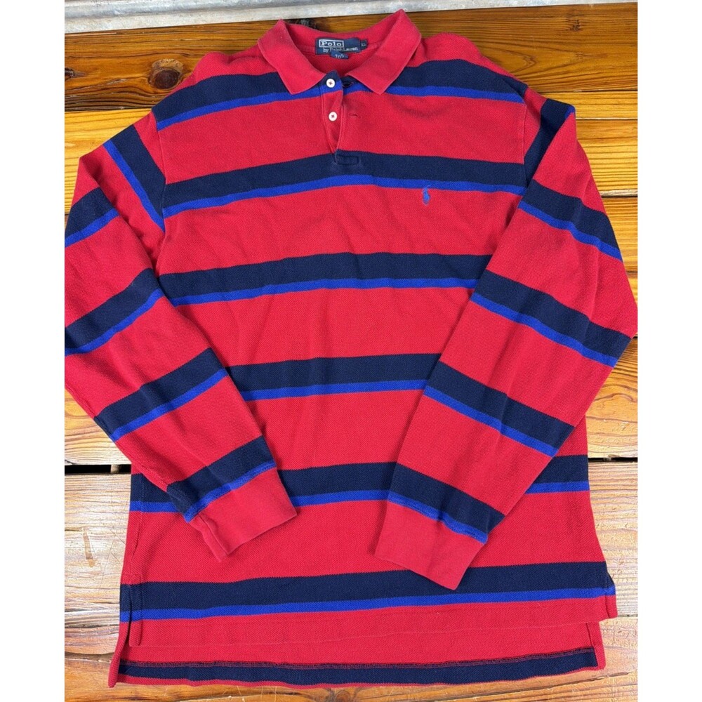 Polo Ralph Lauren Men's XL Long Sleeve Rugby Polo Shirt Red Navy Blue Striped